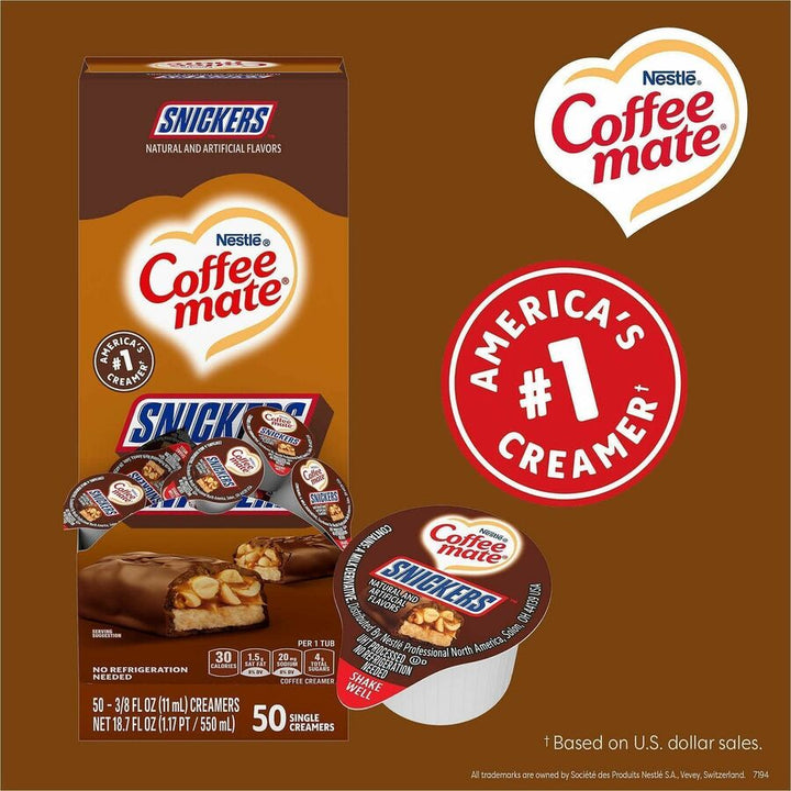 Image of Coffee mate 61425 Snickers Nondairy Liquid Creamer Singles, Snickers Flavor, 0.38 fl oz (11 mL), 50 Serving, 50 / Box