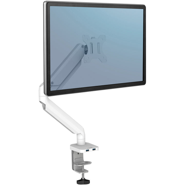 Image of Fellowes® Platinum Series Single Monitor Arm, For 27" Monitors, 360 Deg Rotation, 45 Deg Tilt, 180 Deg Pan, White, Supports 20 Lb