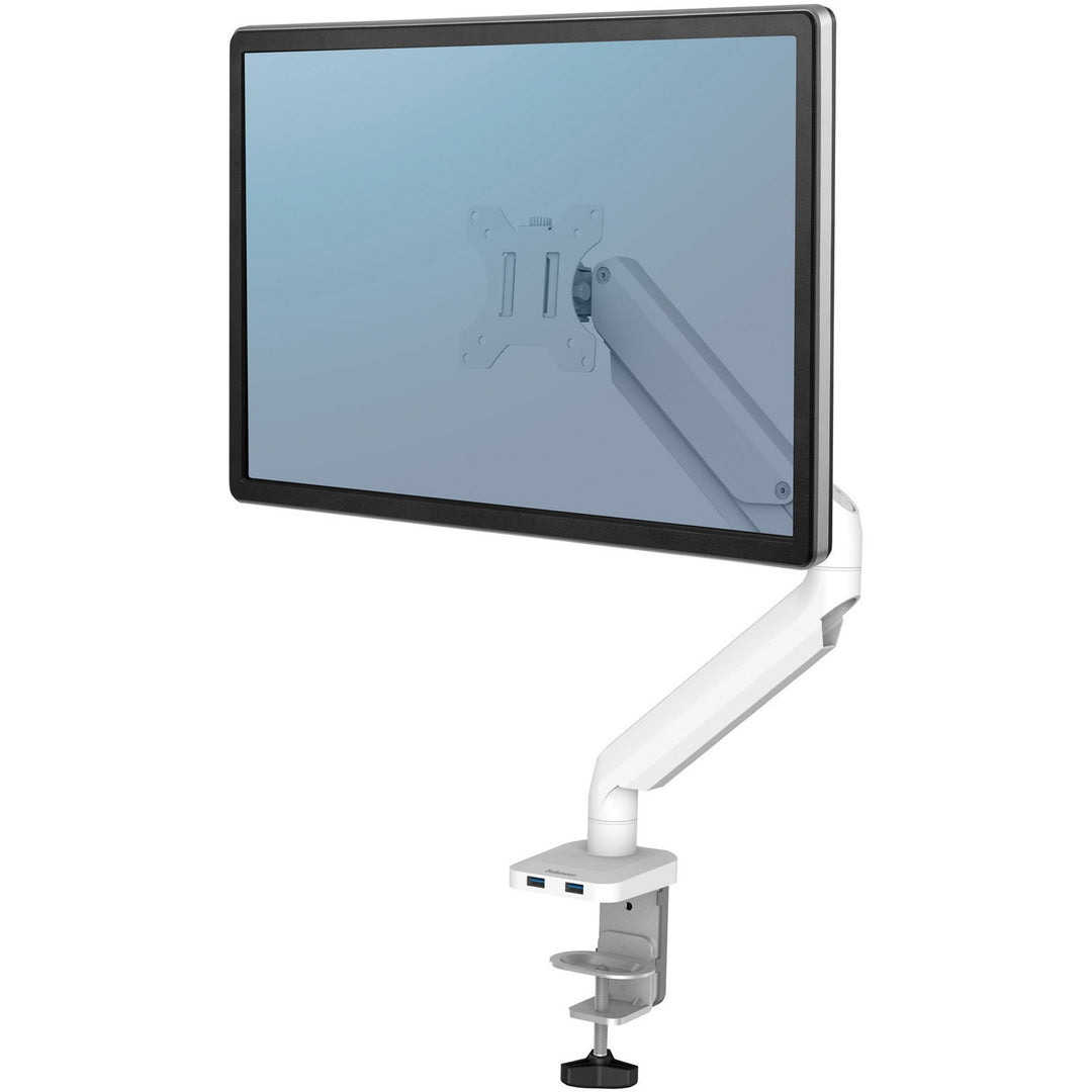 Image of Fellowes® Platinum Series Single Monitor Arm, For 27" Monitors, 360 Deg Rotation, 45 Deg Tilt, 180 Deg Pan, White, Supports 20 Lb