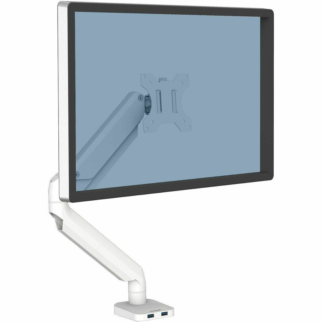 Image of Fellowes® Platinum Series Single Monitor Arm, For 27" Monitors, 360 Deg Rotation, 45 Deg Tilt, 180 Deg Pan, White, Supports 20 Lb
