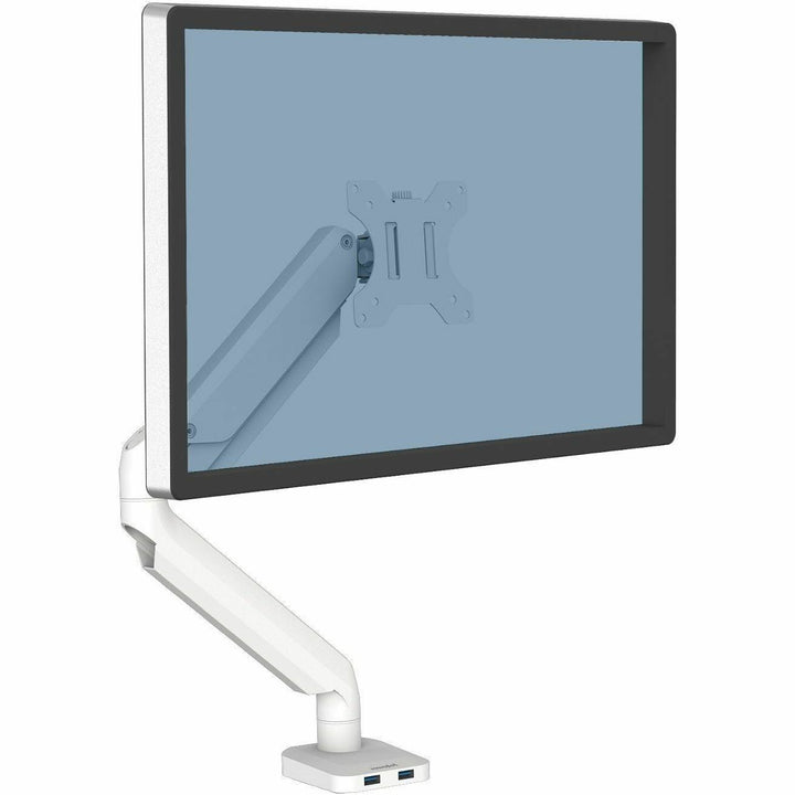 Image of Fellowes® Platinum Series Single Monitor Arm, For 27" Monitors, 360 Deg Rotation, 45 Deg Tilt, 180 Deg Pan, White, Supports 20 Lb