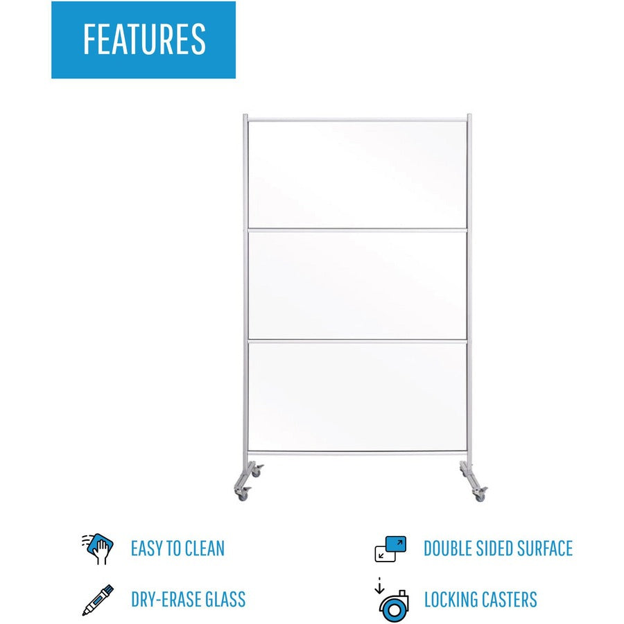 Image of MasterVision DSP273046 Mobile Glass Panel Divider, 50" W x 22" D x 80.30" Height, Glass, Aluminum, Transparent, 1 Each