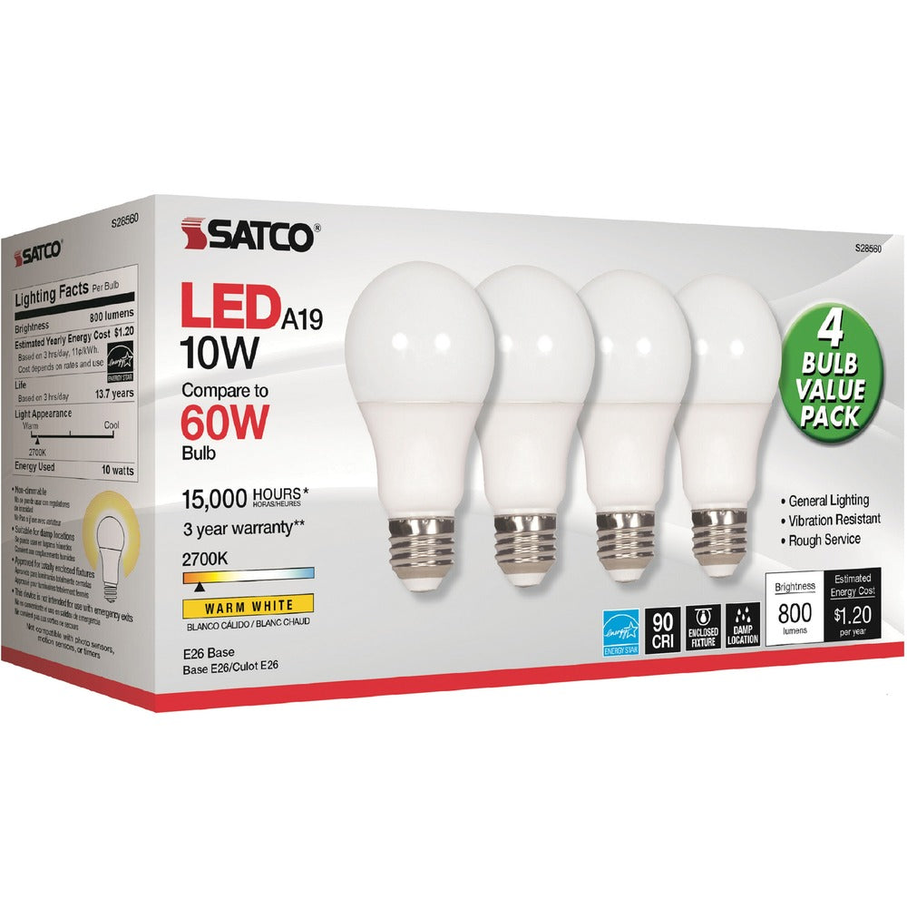 Image of Satco Products, Inc. Bulb,LED,A19,10W,2700K,WarmWhite,4/PK