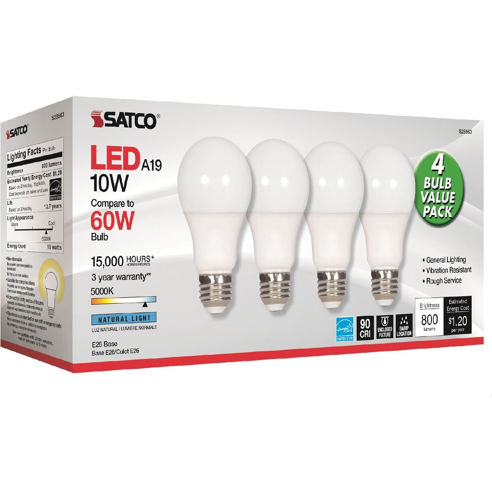 Image of Satco Products, Inc. Bulb,LED,A19,10W,5000K,NaturalLight,4/PK