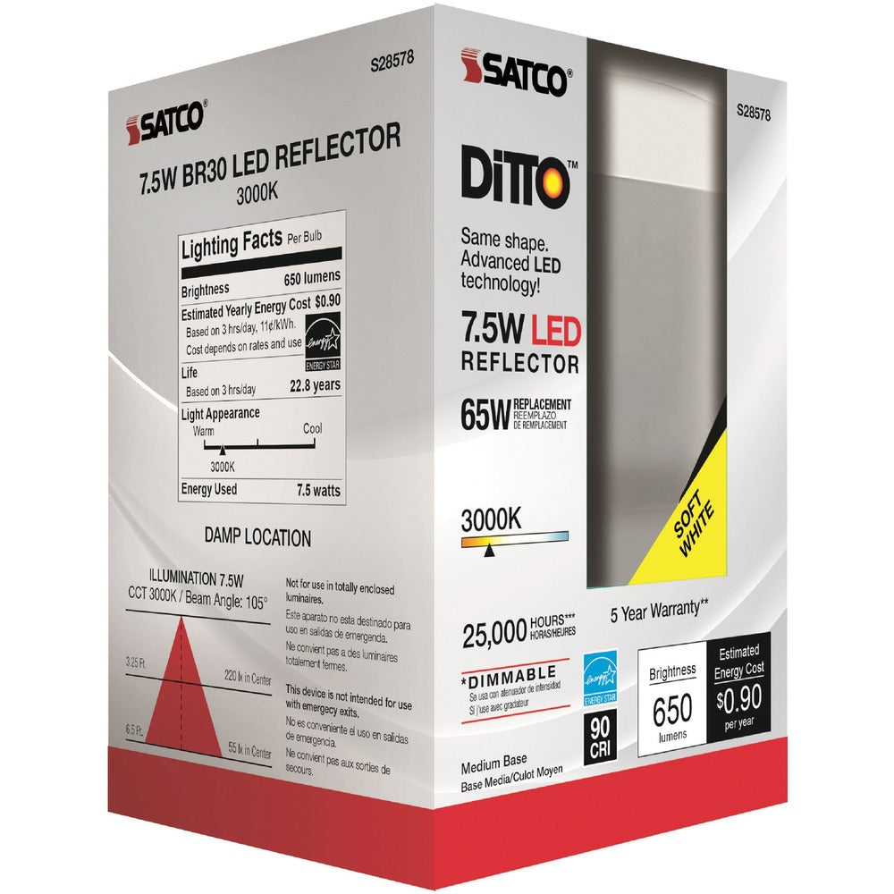 Image of Satco Products, Inc. Bulb,LED,BR30,7.5W,3000K,WarmWhite,6/BX,2BX/CT