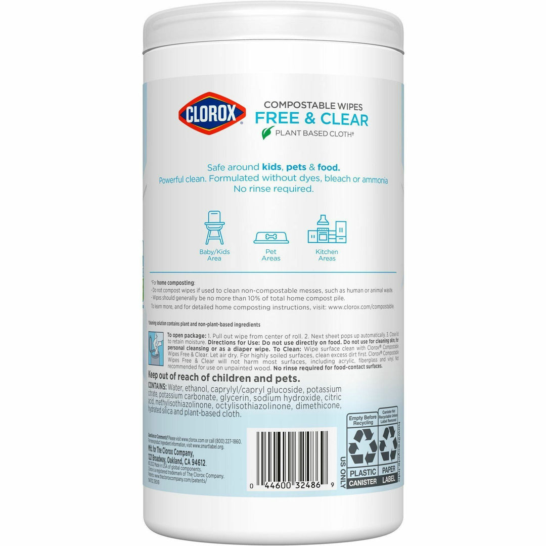 Image of Clorox® Wipes,Free&Clear,75 Wipes/Tub,4-1/4"x4-1/4"x8-3/10",6/CT,WE