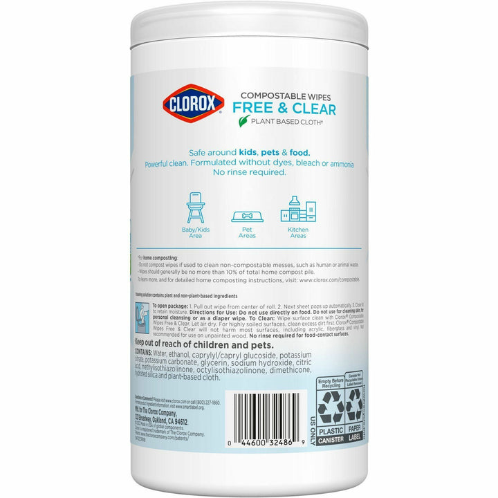 Image of Clorox® Wipes,Free&Clear,75 Wipes/Tub,4-1/4"x4-1/4"x8-3/10",6/CT,WE