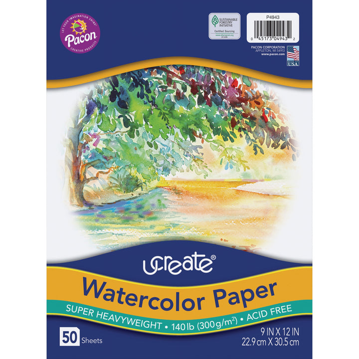 Image of Pacon® Watercolor Paper, Super Hvywght, 140 lb, 50/PK, 9"x12", WE
