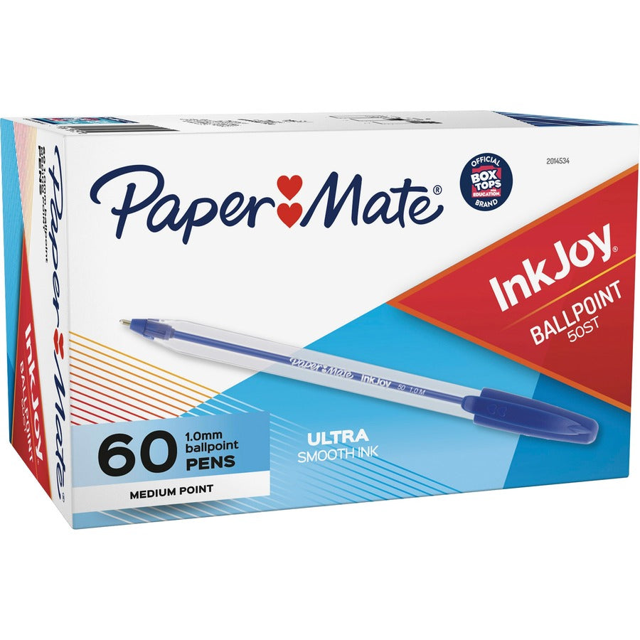 Image of Paper Mate 2014534 InkJoy Ballpoint Pen, 1 mm Medium, Ultra Smooth Pen Point, Blue Ink, Oil Based, Clear Plastic Barrel, 60 / Box