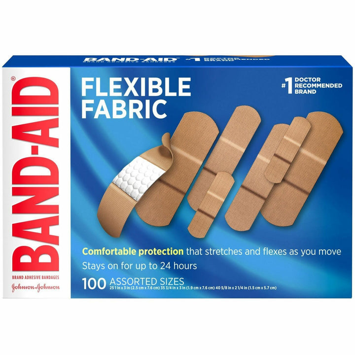 Image of Band-Aid 115078 Flexible Fabric Adhesive Bandages, Assorted Sizes, Beige, Fabric, 100 / Box
