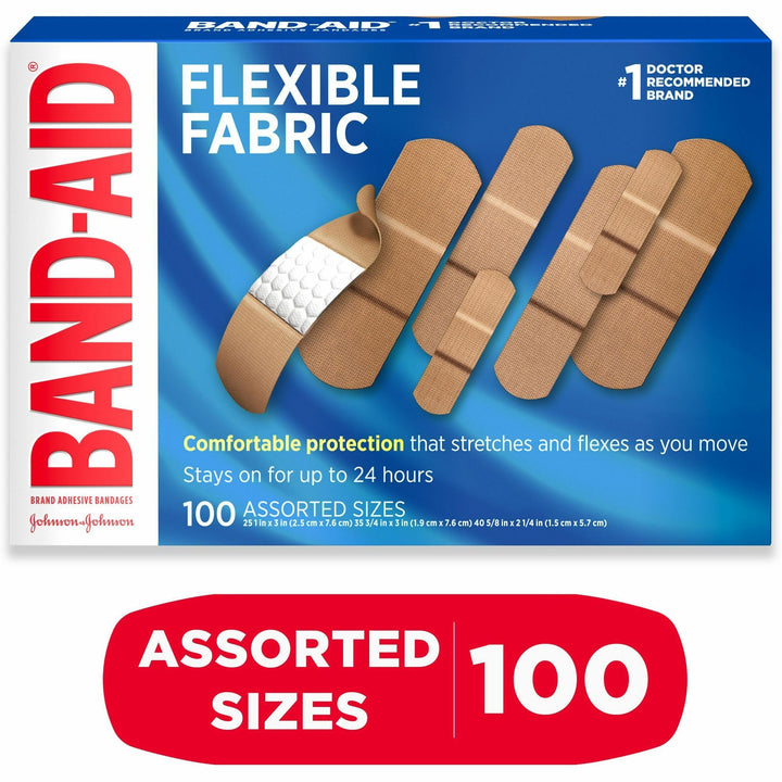 Image of Band-Aid 115078 Flexible Fabric Adhesive Bandages, Assorted Sizes, Beige, Fabric, 100 / Box
