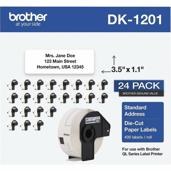 Image of Brother DK120124PK DK Address Label, 1 9/64" W x 3 1/2" Length, Rectangle, Thermal, White, Paper, 400 / Roll, 24 / Pack