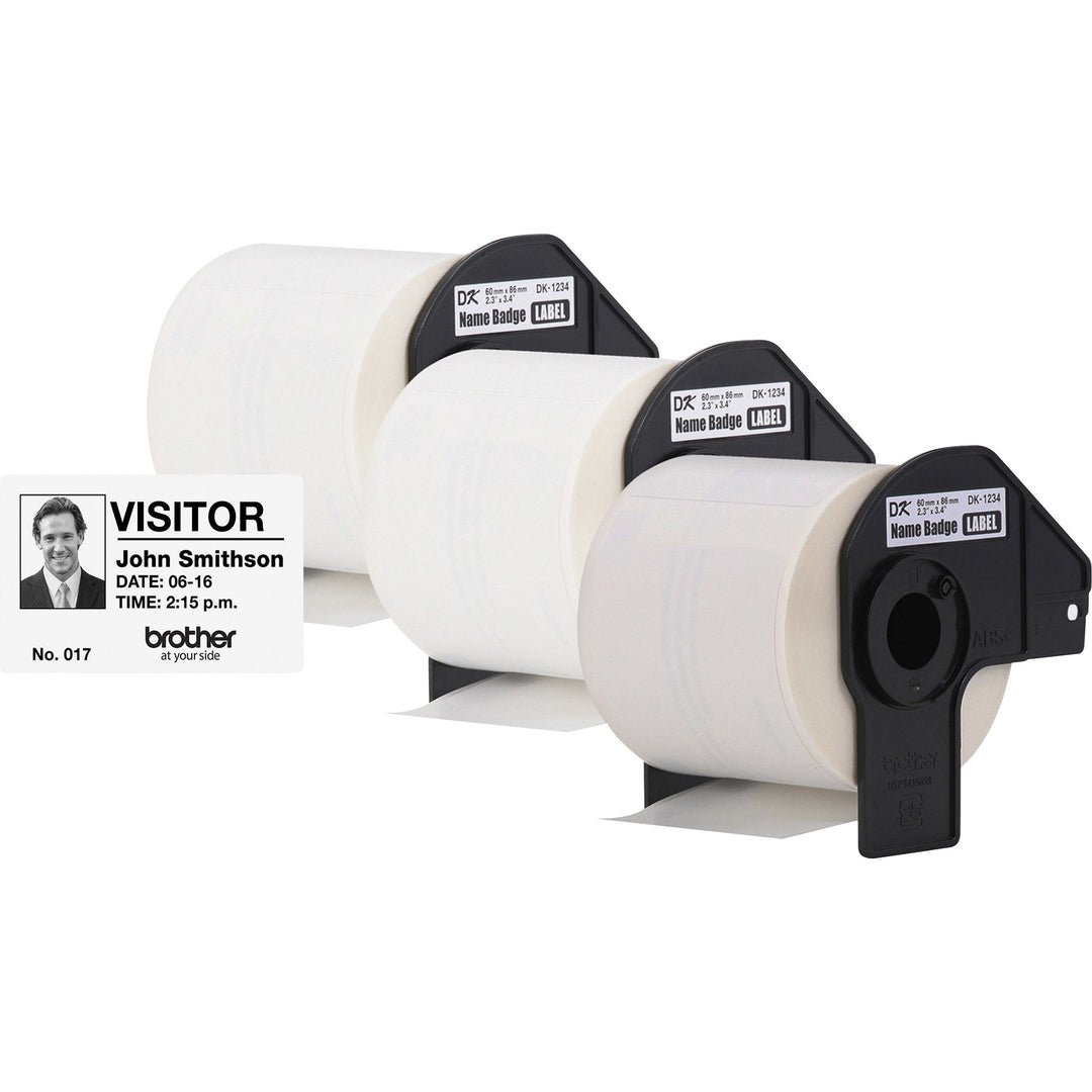 Image of Brother DK12343PK DK Name Badge Label, 3 2/5" W x 2 19/64" Length, Rectangle, Thermal, White, Paper, 260 / Roll, 3 / Box