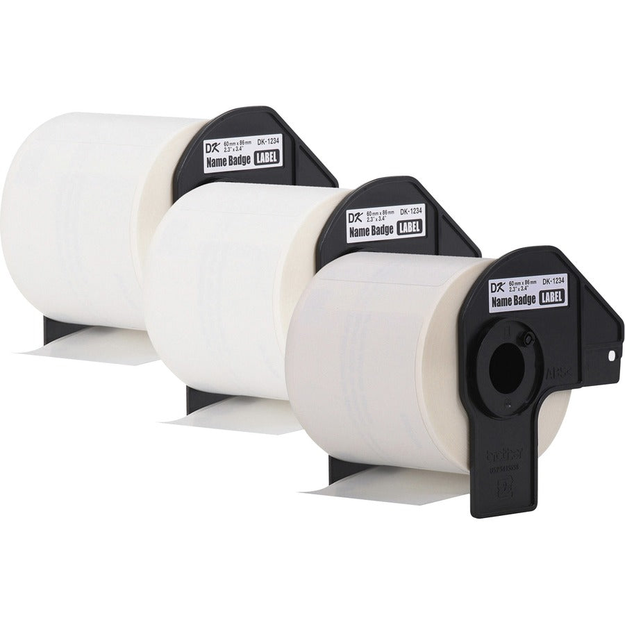 Image of Brother DK12343PK DK Name Badge Label, 3 2/5" W x 2 19/64" Length, Rectangle, Thermal, White, Paper, 260 / Roll, 3 / Box