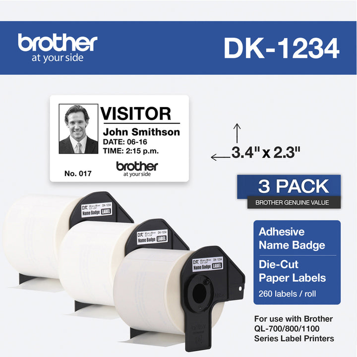 Image of Brother DK12343PK DK Name Badge Label, 3 2/5" W x 2 19/64" Length, Rectangle, Thermal, White, Paper, 260 / Roll, 3 / Box