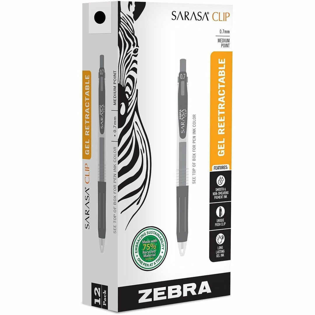 Image of Zebra® Sarasa Clip Gel Pen, Retractable, Medium 0.7 mm, Black Ink, Clear/Black Barrel, 12/Pack