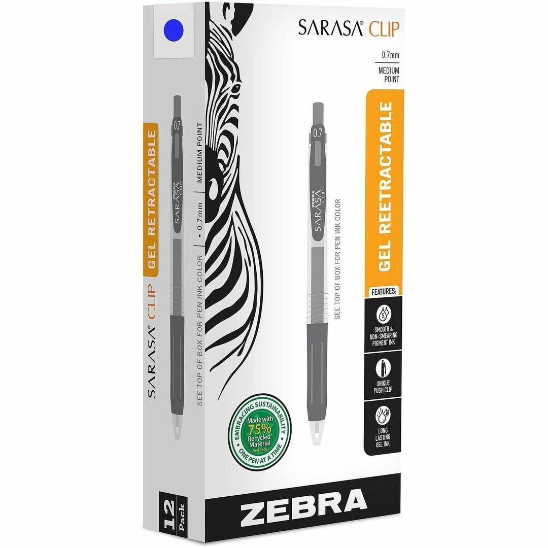 Image of Zebra® Sarasa Clip Gel Pen, Retractable, Medium 0.7 mm, Blue Ink, Clear/Blue Barrel, 12/Pack