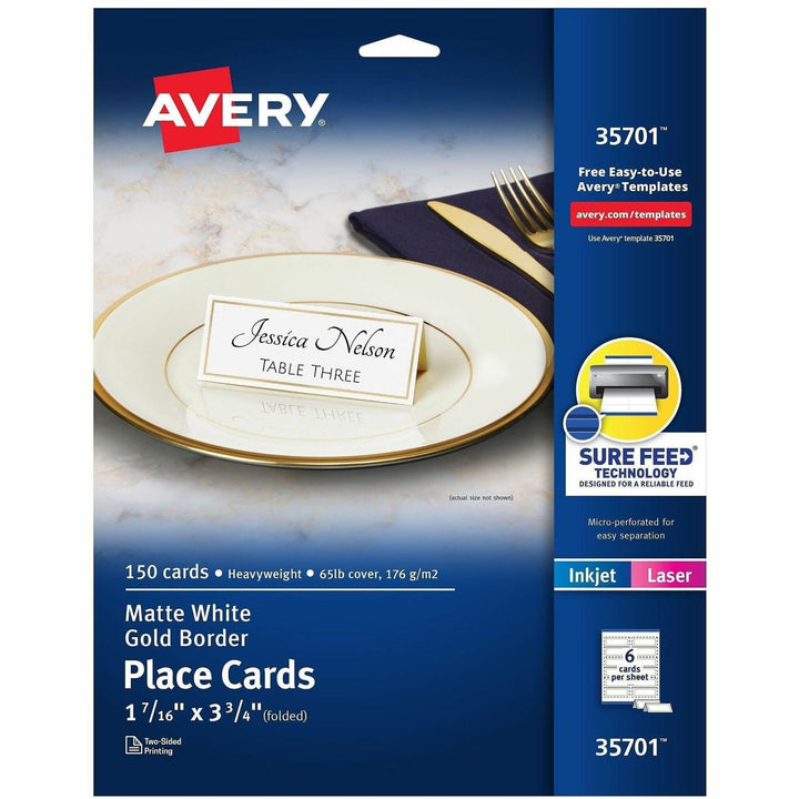 Image of Avery® Tent Cards, White/Gold, 3.75" x 1.44", 6 Cards/Sheet, 25 Sheets/Pack