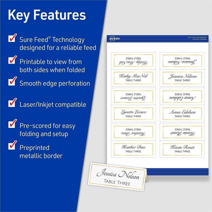 Image of Avery® Tent Cards, White/Gold, 3.75" x 1.44", 6 Cards/Sheet, 25 Sheets/Pack