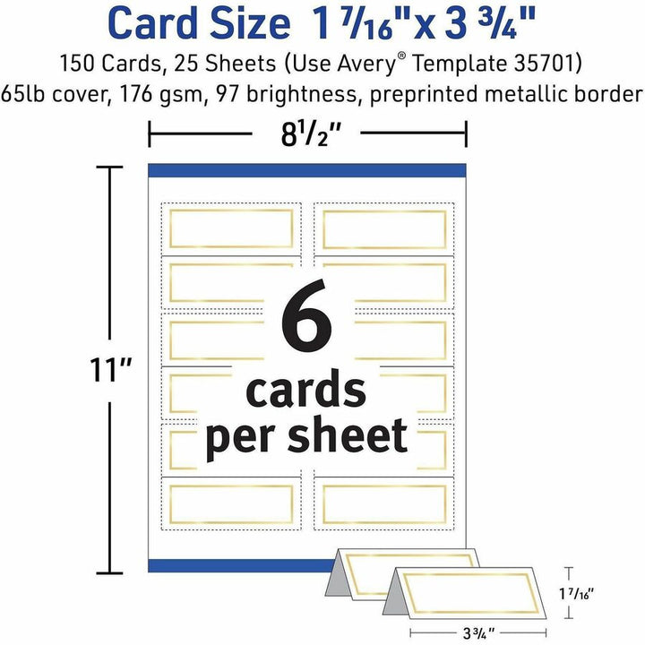 Image of Avery® Tent Cards, White/Gold, 3.75" x 1.44", 6 Cards/Sheet, 25 Sheets/Pack
