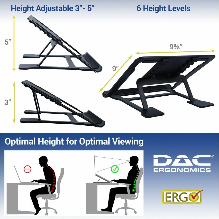 Image of Data Accessories Company Laptop Stand, Height-Adjustable 9-3/4"x9-3/4"x3/4", Black