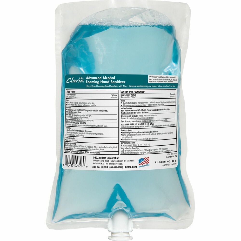 Image of Betco Corporation Hand Sanitizer,Foam,Alcohol,f/Clario Dispensers,1000ml,BE