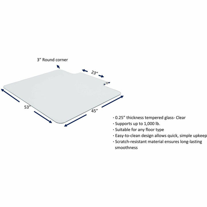 Image of Lorell Chairmat, w/Lip, Tempered Glass, 1000 lb Cap, 45"x53", Clear