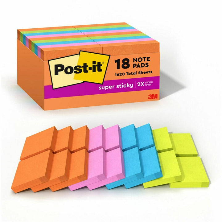 Image of 3M Super Sticky Pads,2"x2",90Sht/Pad,18/PK,Assorted