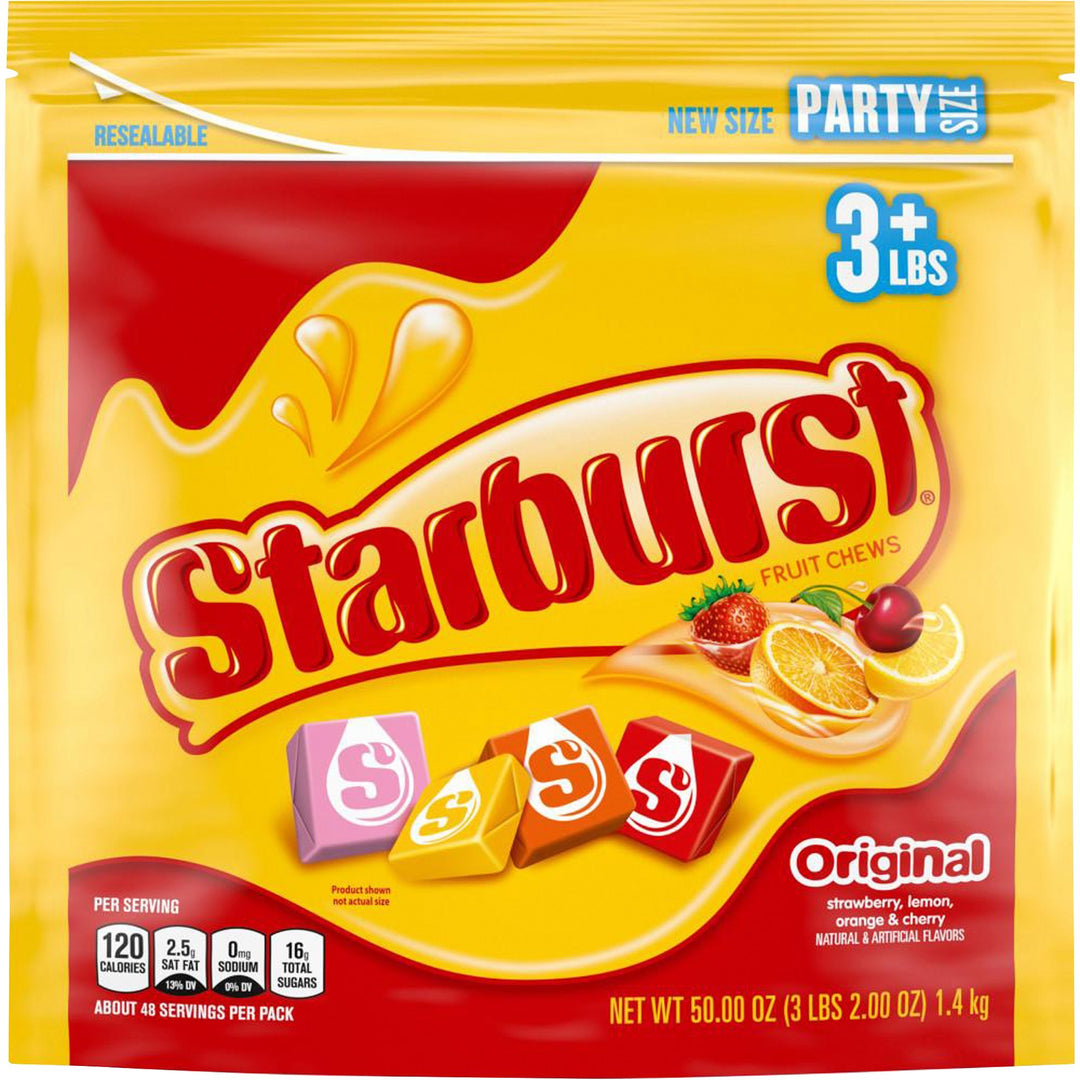 Image of Starburst 28086 Fruit Chews Party Size Bag, Strawberry, Lemon, Orange, Cherry, Individually Wrapped, Resealable Zipper, 3.12 lb, 1 Each