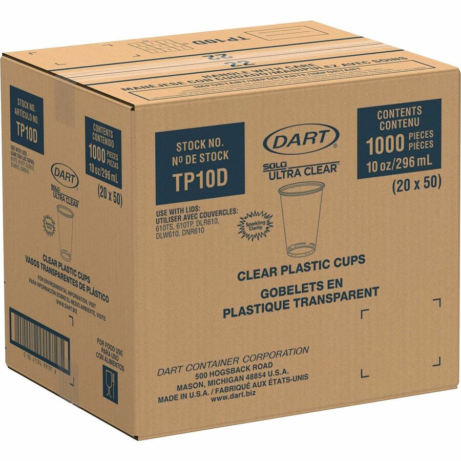 Image of SOLO® Cups,f/Cold Drinks,PET,10oz,50/PK,20PK/CT,Clear
