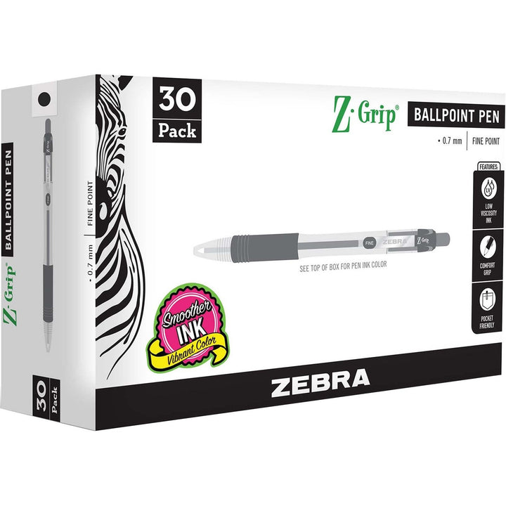 Image of Zebra® Z-Grip Ballpoint Pen, Retractable, Medium 0.7 mm, Black Ink, Clear/Black Barrel, 30/Pack