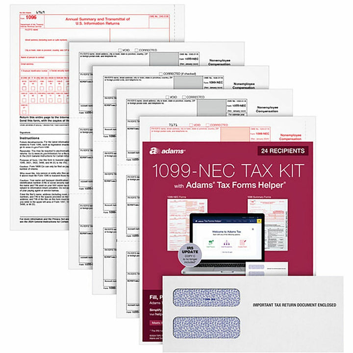 Image of Adams® 4-Part 1099-NEC Tax Form Kit with Security Envelopes and Tax Forms Helper, 2024, 8.5 x 3.5, 3 Forms/Sheet, 24 Forms Total