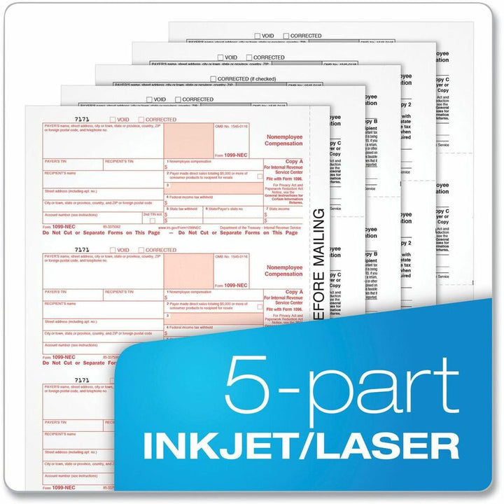 Image of Adams® 4-Part 1099-NEC Tax Form Kit with Security Envelopes and Tax Forms Helper, 2024, 8.5 x 3.5, 3 Forms/Sheet, 24 Forms Total