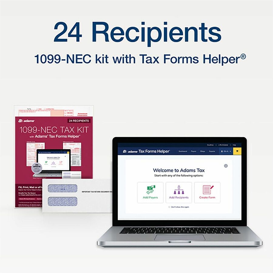 Image of Adams® 4-Part 1099-NEC Tax Form Kit with Security Envelopes and Tax Forms Helper, 2024, 8.5 x 3.5, 3 Forms/Sheet, 24 Forms Total