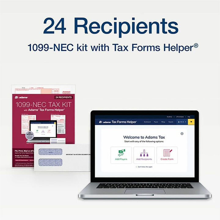 Image of Adams® 4-Part 1099-NEC Tax Form Kit with Security Envelopes and Tax Forms Helper, 2024, 8.5 x 3.5, 3 Forms/Sheet, 24 Forms Total