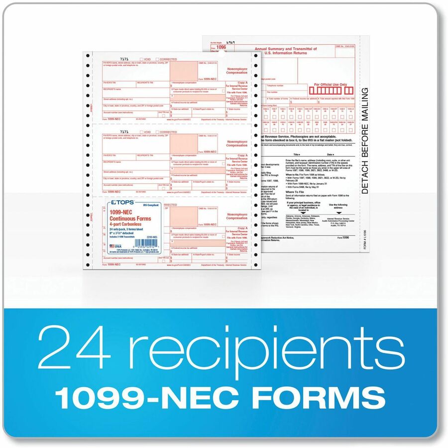 Image of Adams® 4-Part 1099-NEC Continuous Feed Tax Forms, Fiscal Year: 2024, Four-Part Carbonless, 8.5 x 5.5, 2 Forms/Sheet, 24 Forms Total