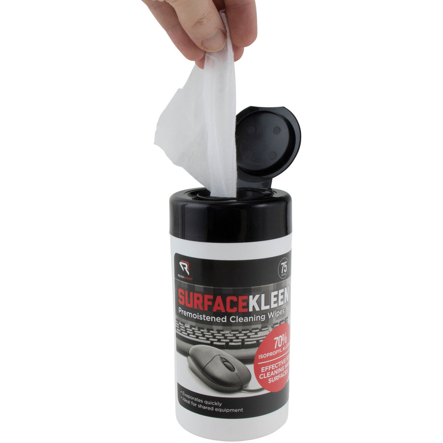 Image of Read Right RR15111 Surface Kleen Cleaning Wipes, 6.30" L x 5" Width, Pre-moistened, Fast Acting, Quick Drying, White, 75/Tub, 1 Each