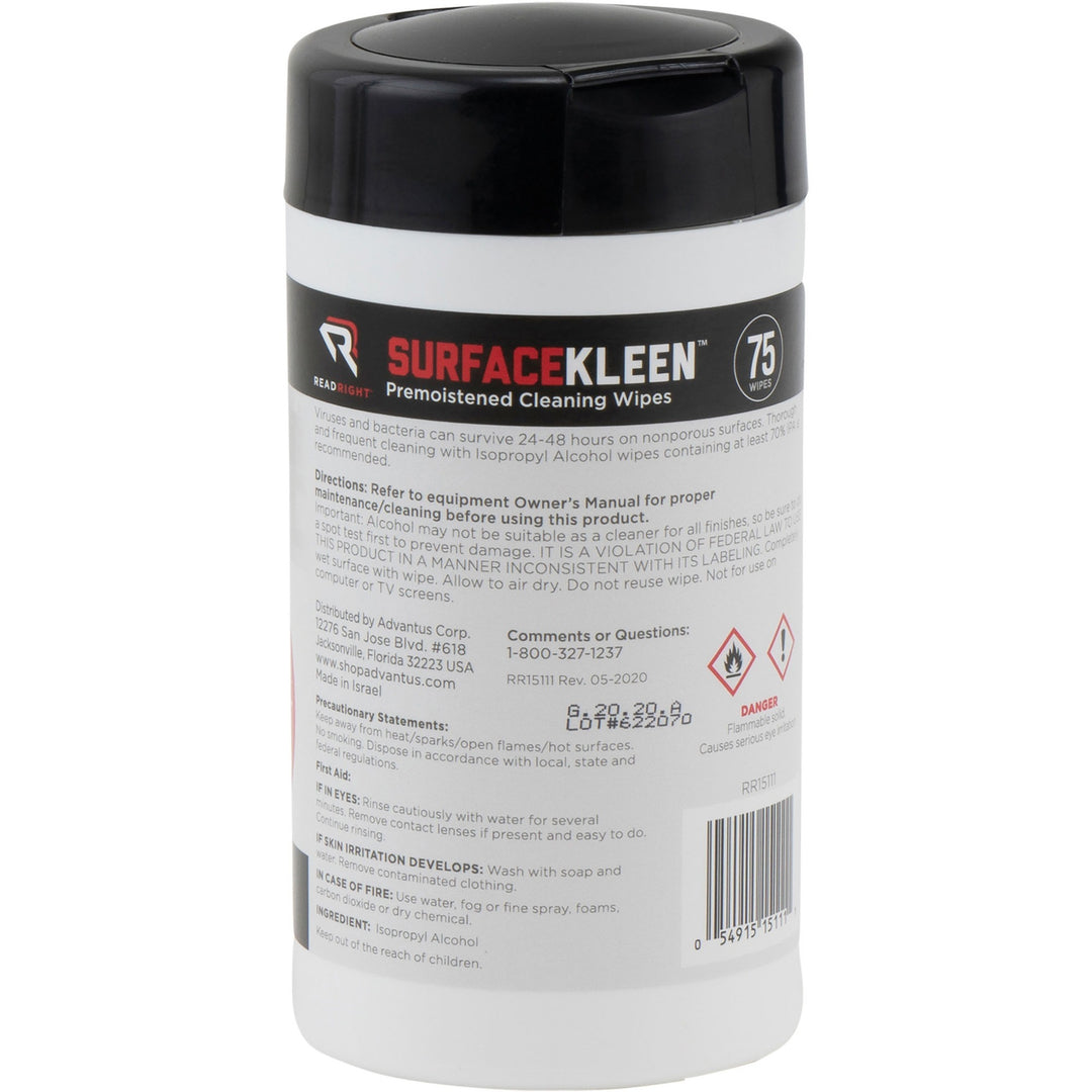 Image of Read Right RR15111 Surface Kleen Cleaning Wipes, 6.30" L x 5" Width, Pre-moistened, Fast Acting, Quick Drying, White, 75/Tub, 1 Each