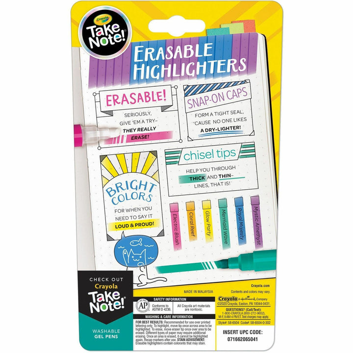 Image of Crayola® Highlighter, Erasable, 4-3/5"Wx7-3/5"Lx7/10"H, 6/PK, AST