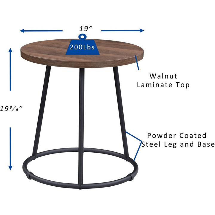 Image of Lorell End Table, Round, Steel Base, 19"x19-3/4", Walnut