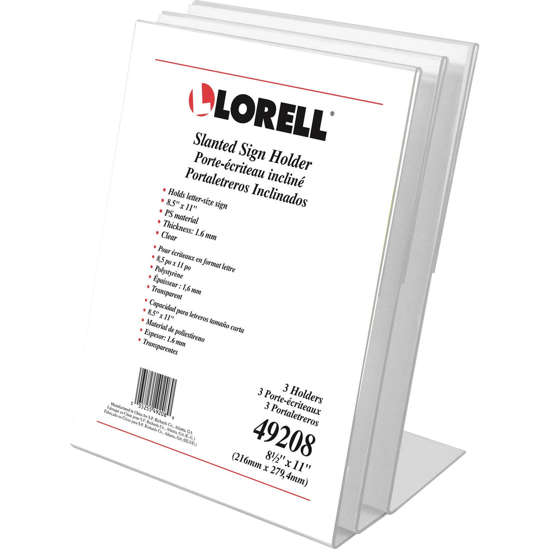 Image of Lorell 49208 L-base Slanted Sign Holder Stand, Support 8.50" x 11" Media, Acrylic, Clear, 3 / Pack