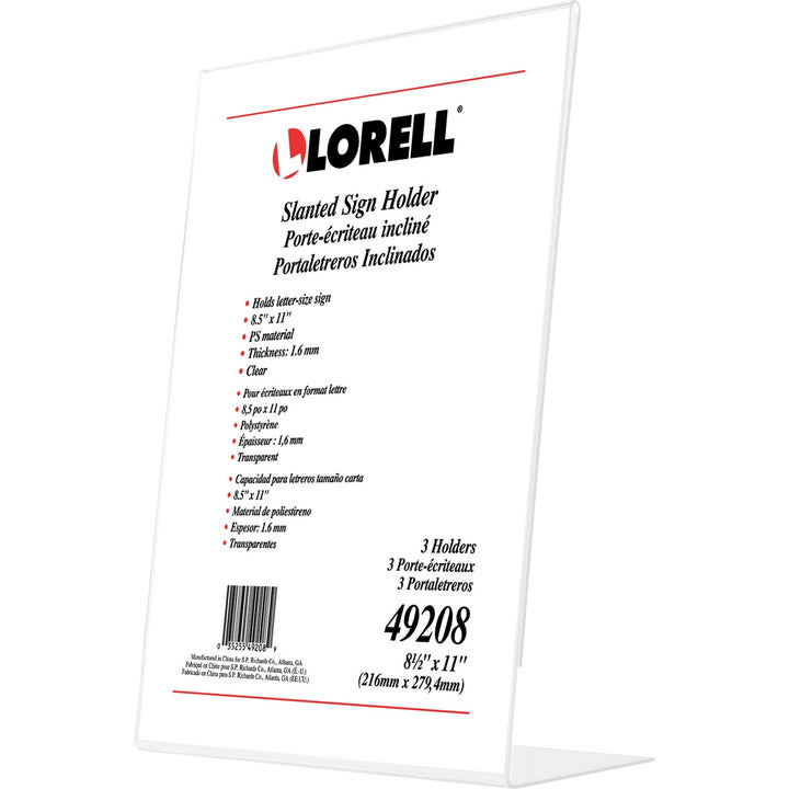 Image of Lorell 49208 L-base Slanted Sign Holder Stand, Support 8.50" x 11" Media, Acrylic, Clear, 3 / Pack