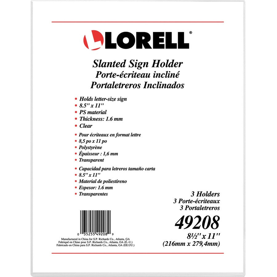 Image of Lorell 49208 L-base Slanted Sign Holder Stand, Support 8.50" x 11" Media, Acrylic, Clear, 3 / Pack