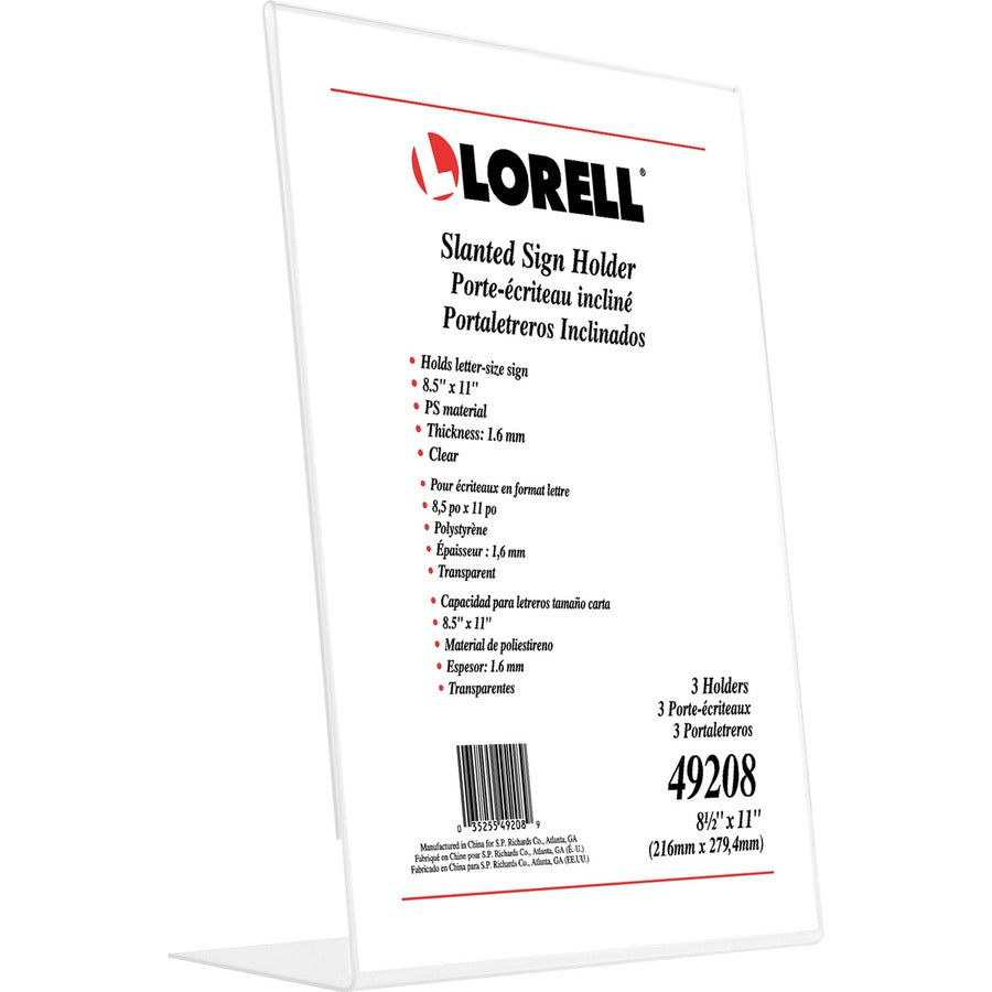 Image of Lorell 49208 L-base Slanted Sign Holder Stand, Support 8.50" x 11" Media, Acrylic, Clear, 3 / Pack