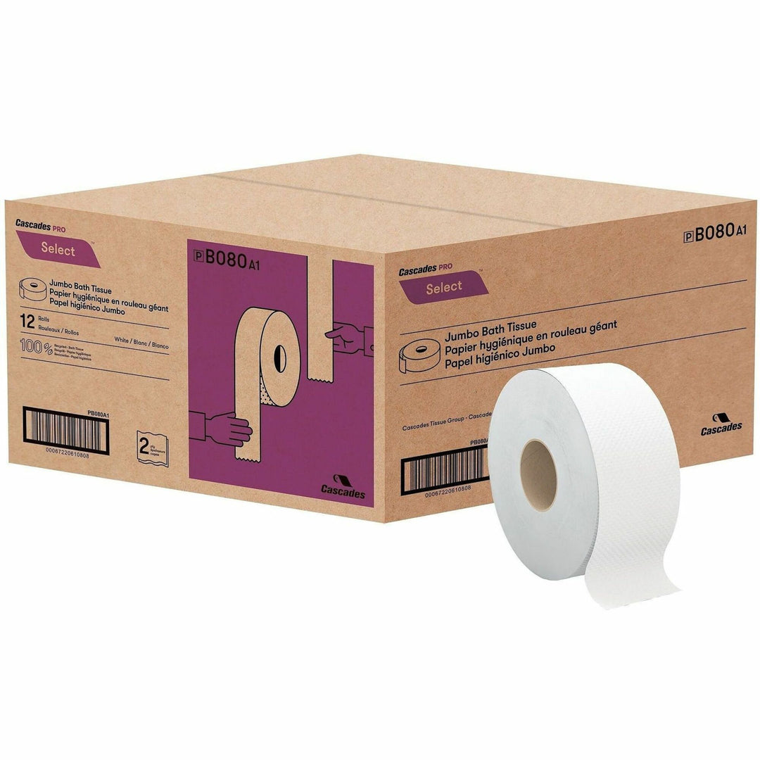 Image of Cascades PRO B080 Select Jumbo Toilet Paper, 2 Ply, 3.30" W x 500 ft Length, White, Fiber, 12 / Carton