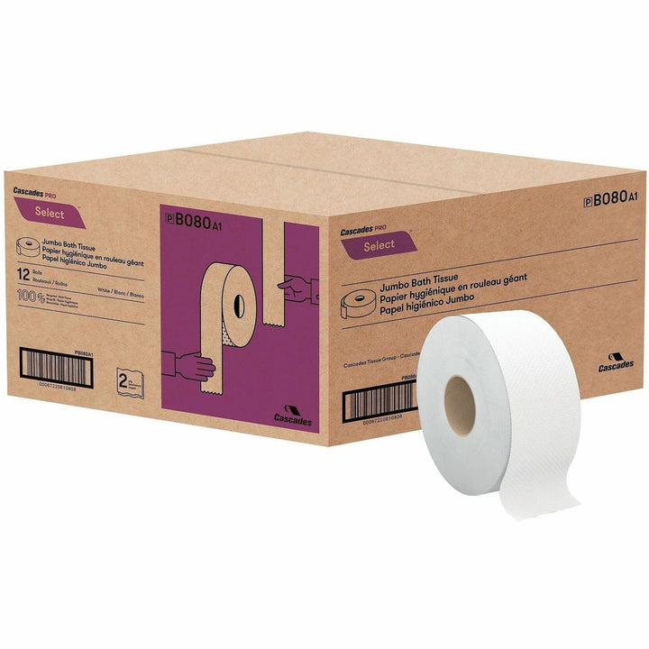 Image of Cascades PRO B080 Select Jumbo Toilet Paper, 2 Ply, 3.30" W x 500 ft Length, White, Fiber, 12 / Carton