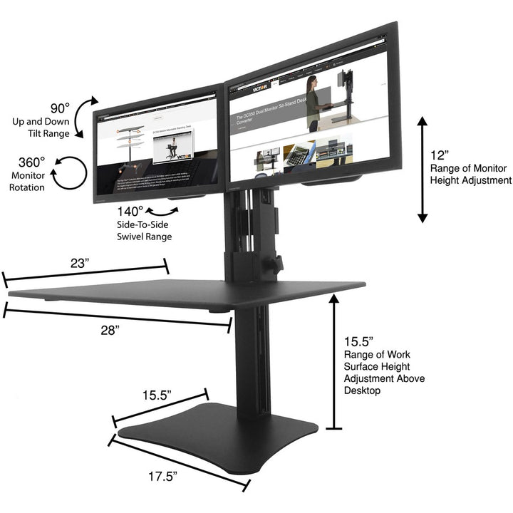 Image of Victor® High Rise Dual Monitor Standing Desk Workstation, 28" X 23" X 10.5" To 15.5", Black