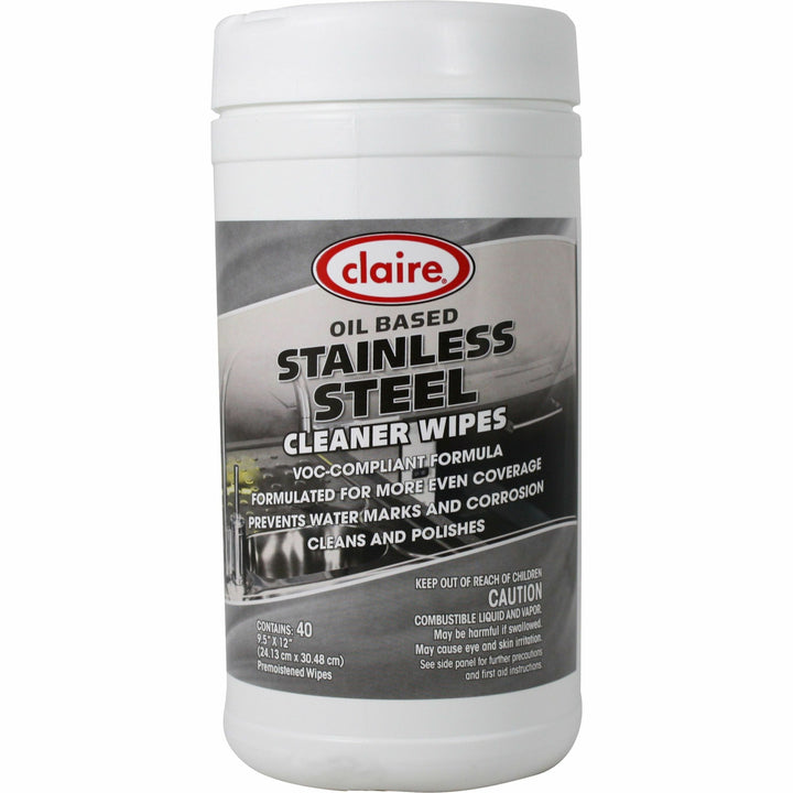 Image of Claire® Wipes,f/Stainless Steel,CitrusScent,9-1/2"x12",Tub, 40 Wipes