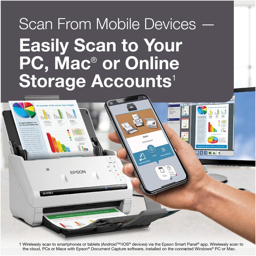 Image of Epson® Ds-575w Ii Wireless Color Duplex Document Scanner, 600 Dpi Optical Resolution, 50-Sheet Duplex Auto Document Feeder