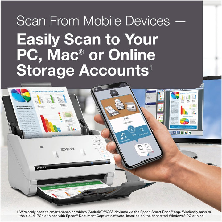 Image of Epson® Ds-575w Ii Wireless Color Duplex Document Scanner, 600 Dpi Optical Resolution, 50-Sheet Duplex Auto Document Feeder